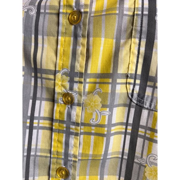 Adrian Delafield blouse L/XL Yellow gray plaid flowers short sleeve pocket colla - Picture 15 of 15